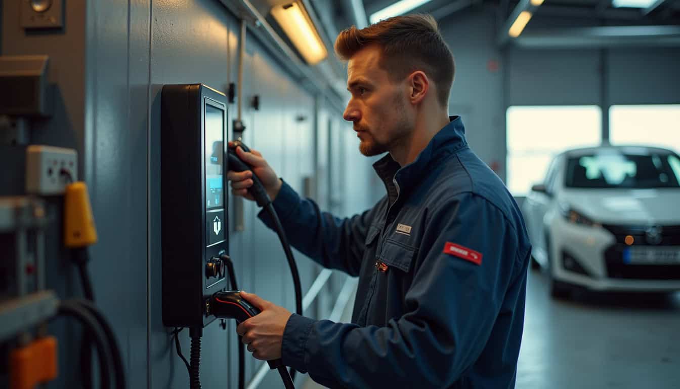Un installateur en tenue de travail en train de raccorder une borne de recharge dans un garage à Urt, avec des outils professionnels et un véhicule électrique à proximité