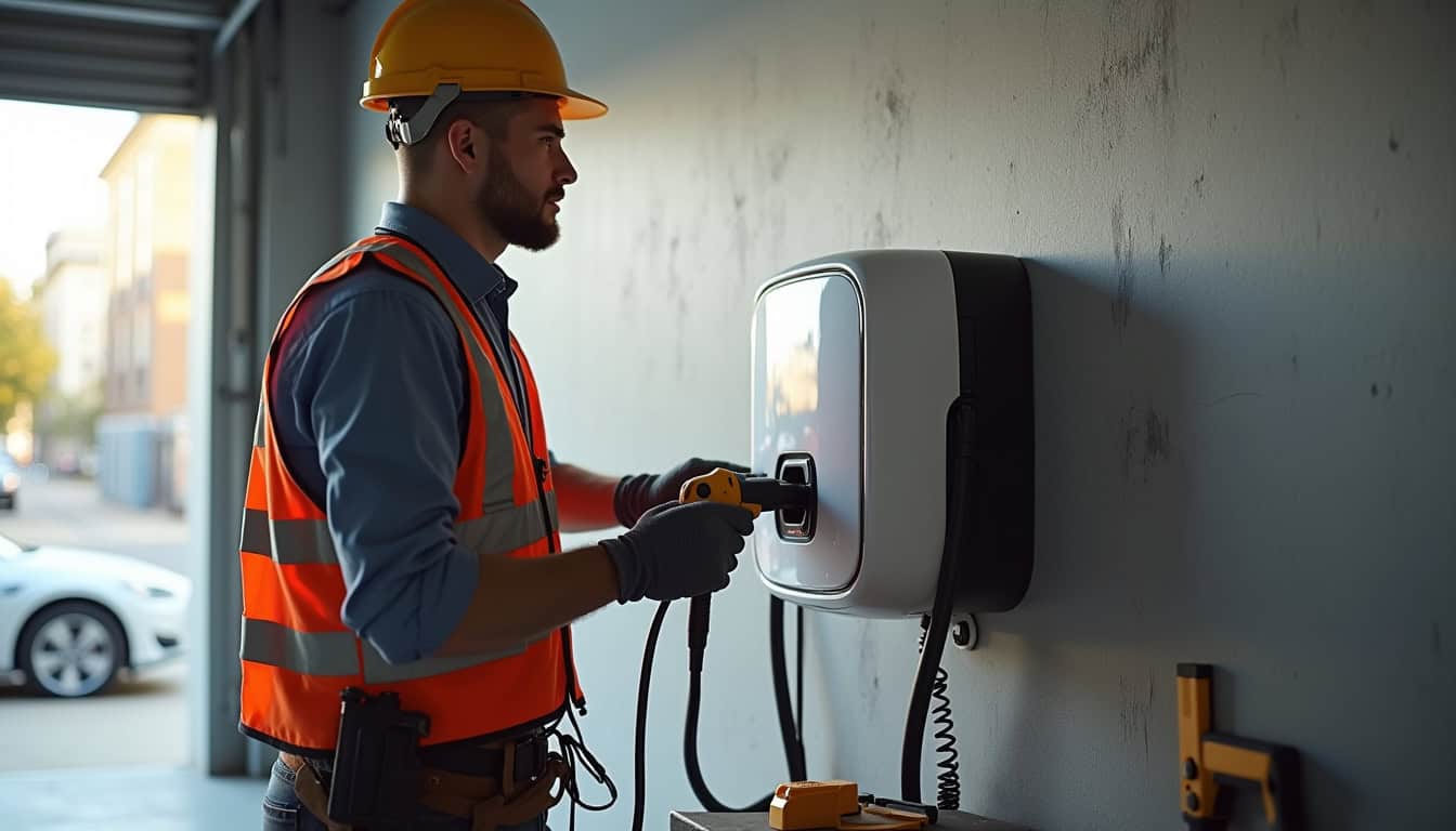 Un installateur en train de fixer une borne de recharge murale