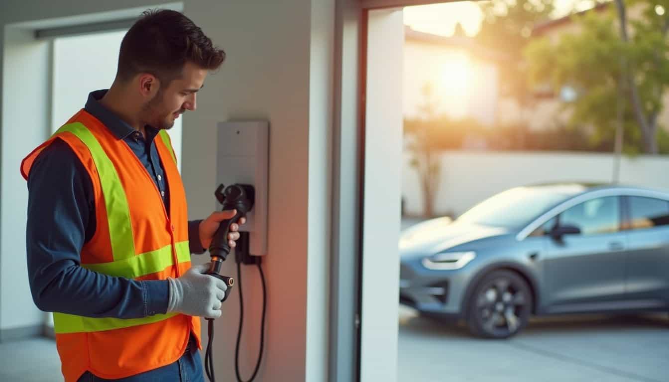 Un installateur IRVE certifié en train de poser une borne de recharge électrique à Lezay