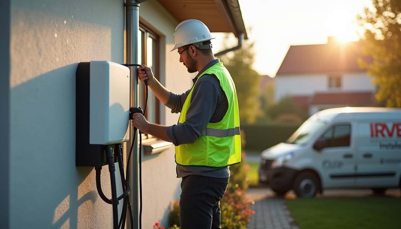 Un installateur IRVE en train de poser une borne de recharge devant une maison à Falck