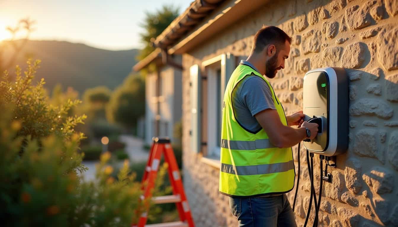 Un installateur IRVE en train d’installer une borne de recharge électrique à La Môle