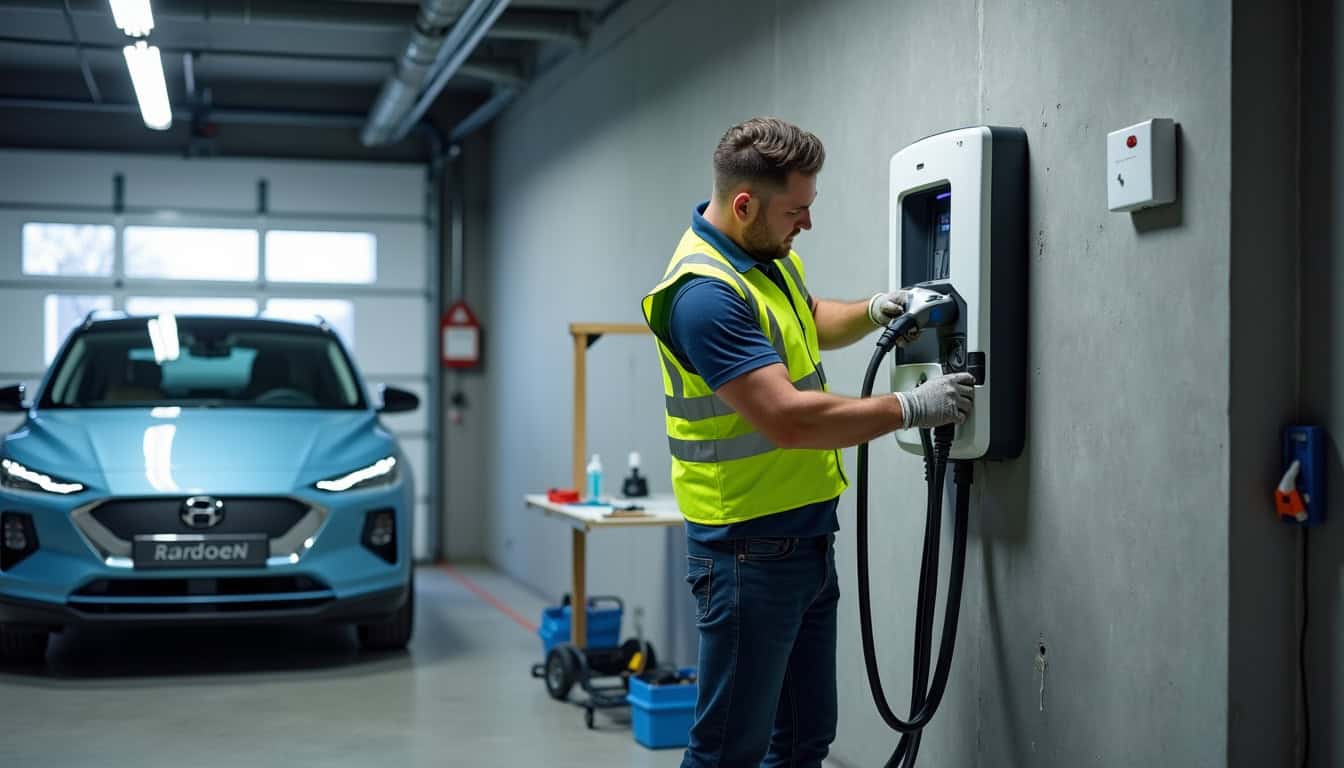 Un installateur professionnel posant une borne de recharge électrique dans un garage à Étrechet
