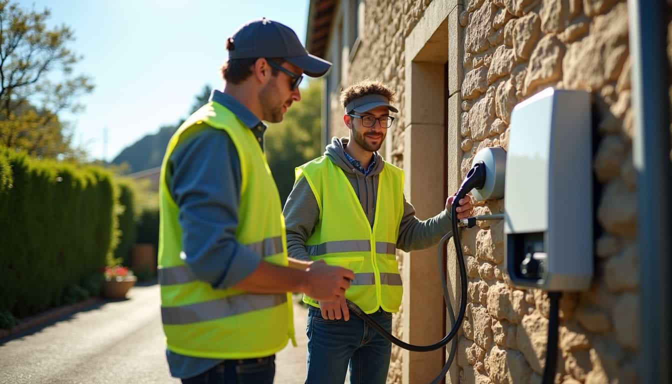 Un technicien certifié IRVE en train d'installer une borne de recharge à Villefranque