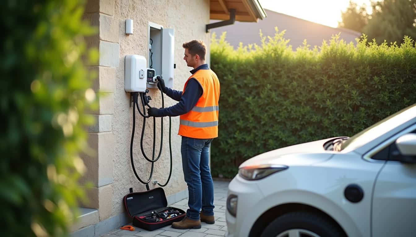 Un technicien certifié IRVE en train d'installer une borne de recharge électrique sur un mur extérieur à La Gorgue