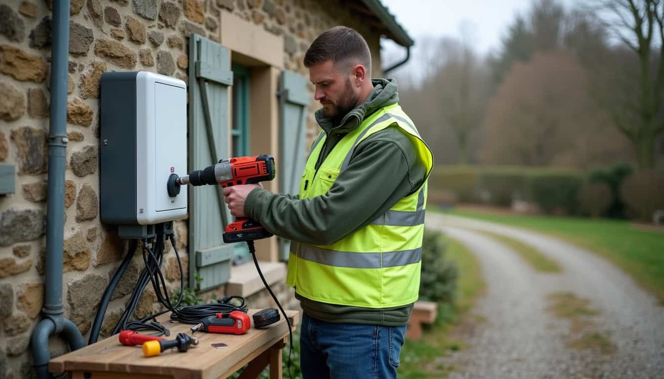 Un technicien certifié IRVE en train d'installer une borne de recharge électrique sur un mur extérieur en Haute-Saône