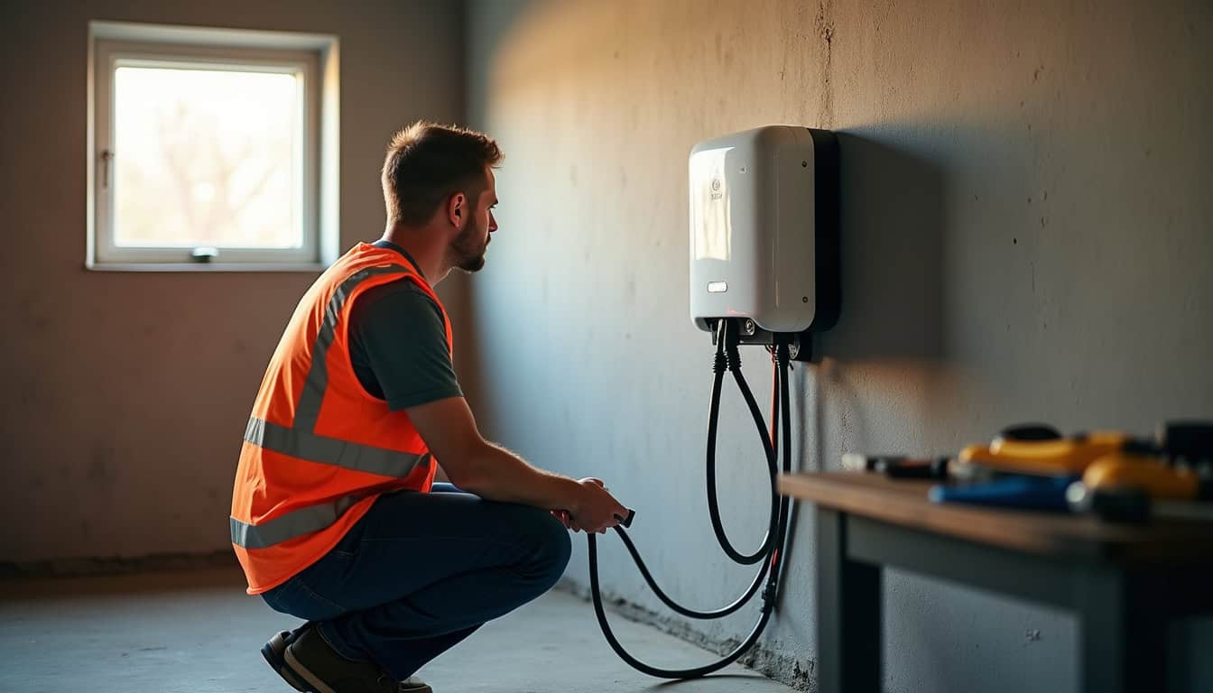 Un technicien certifié IRVE en train d'installer une borne de recharge murale à Técou