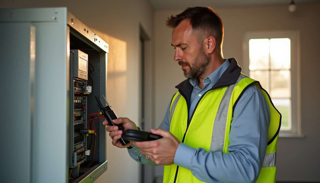 Un technicien certifié IRVE vérifie le tableau électrique avant installation d