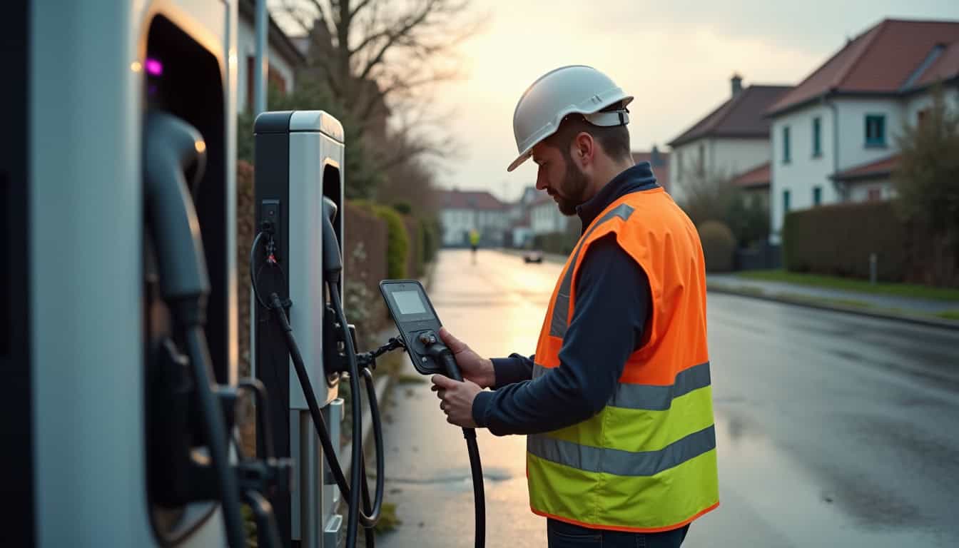 Un technicien effectue une maintenance sur une borne de recharge à Foulayronnes