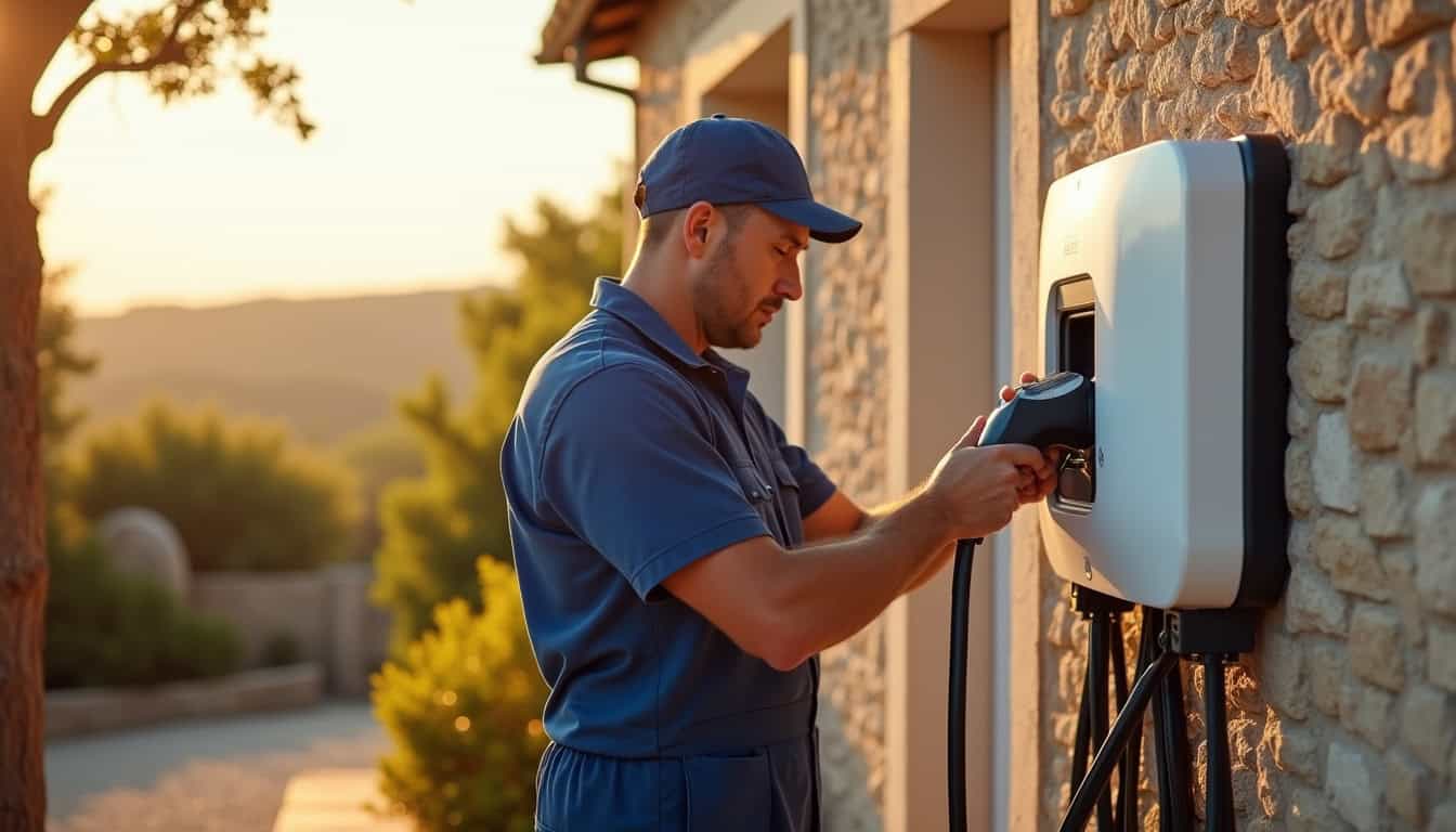 Un technicien en train d'installer une borne de recharge électrique à Saint-Maximin-la-Sainte-Baume