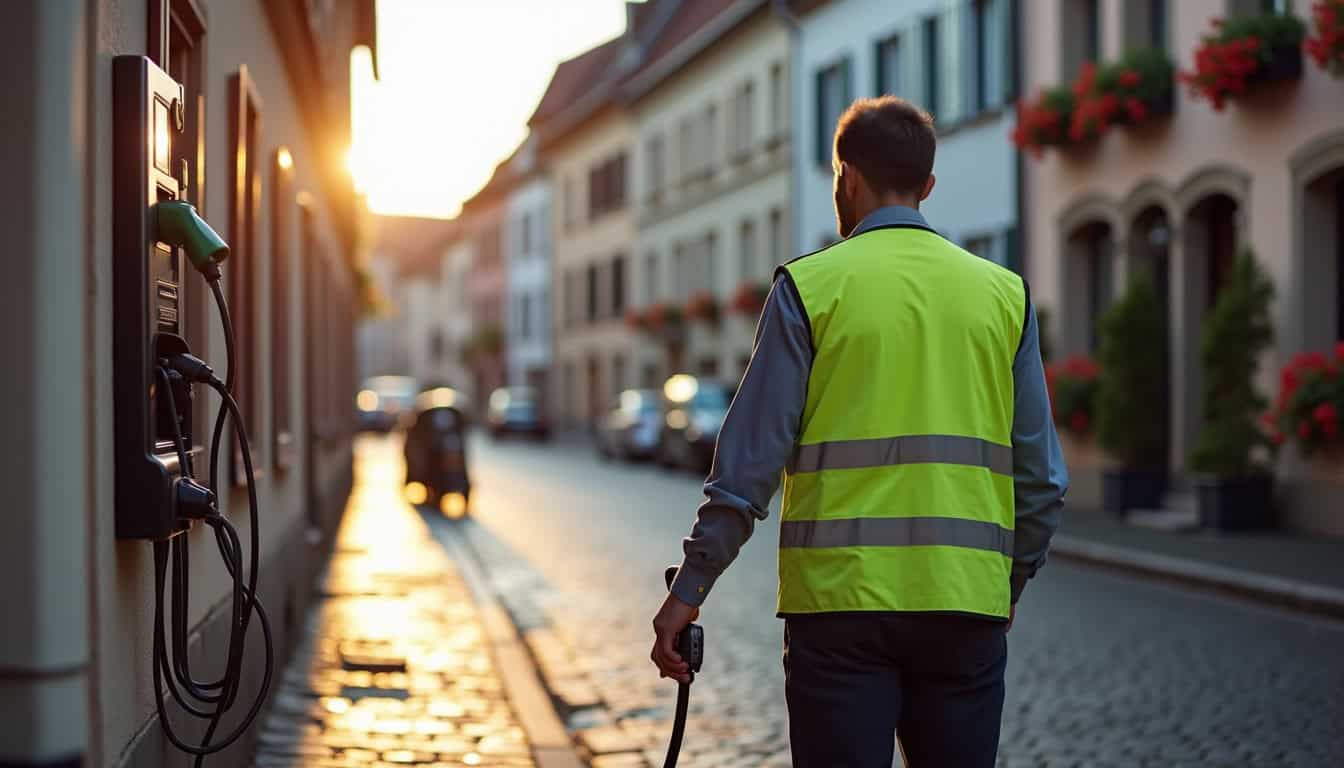 Un technicien en train d'installer une borne de recharge électrique à Strasbourg