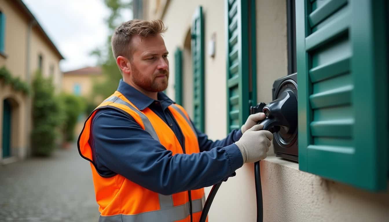 Un technicien en train d'installer une borne électrique à Givet