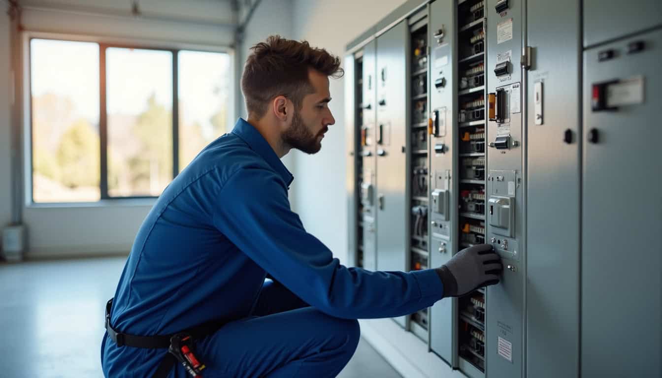Un technicien en uniforme vérifie le tableau électrique d