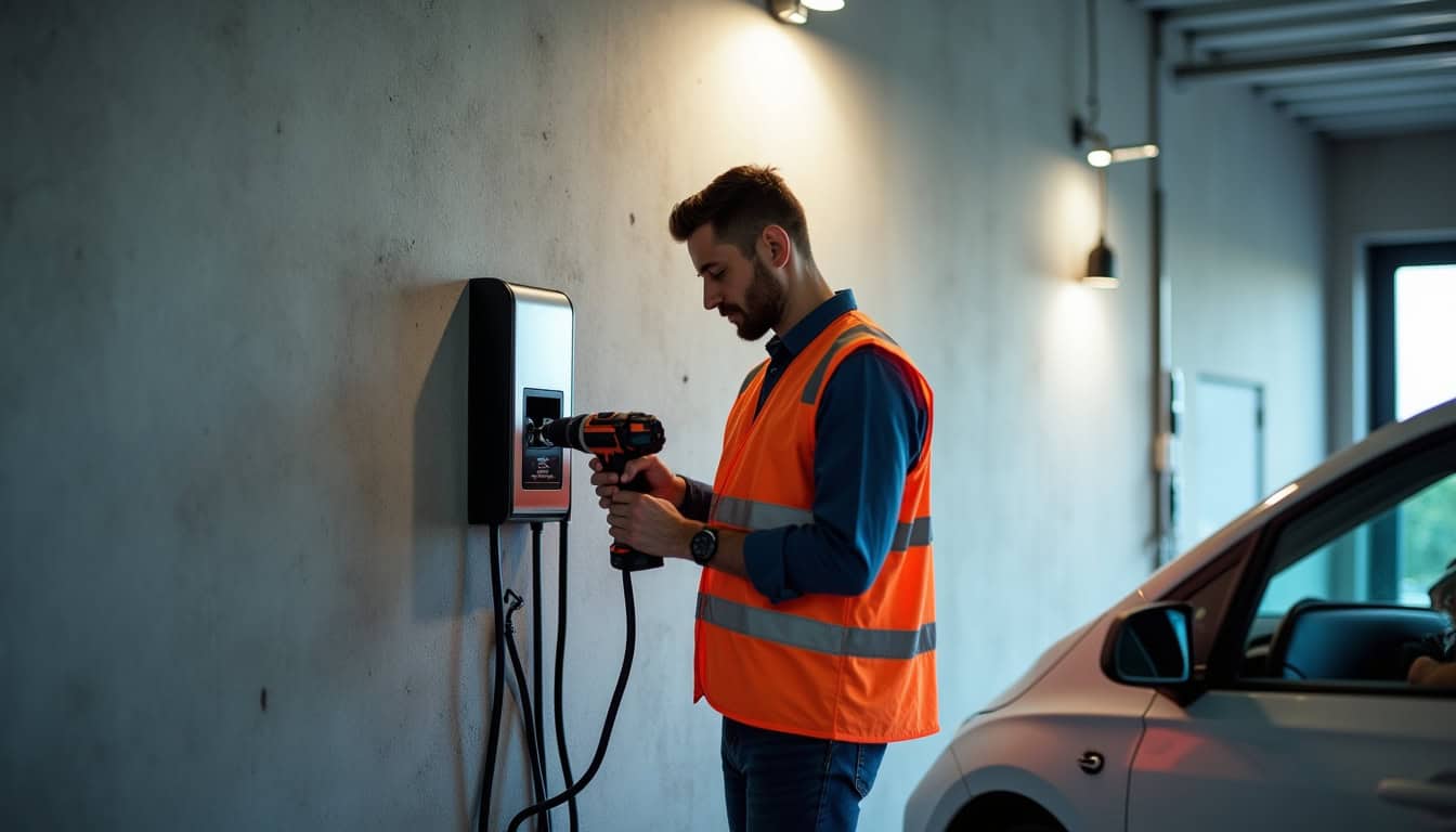 Un technicien IRVE en train d'installer une borne électrique dans un garage à Peynier