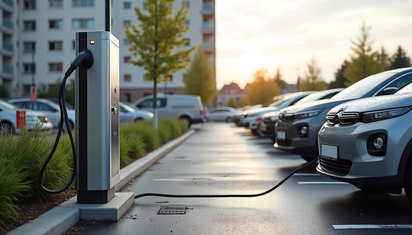 Une borne de recharge publique installée sur un parking communal à Biesheim, entourée de véhicules stationnés