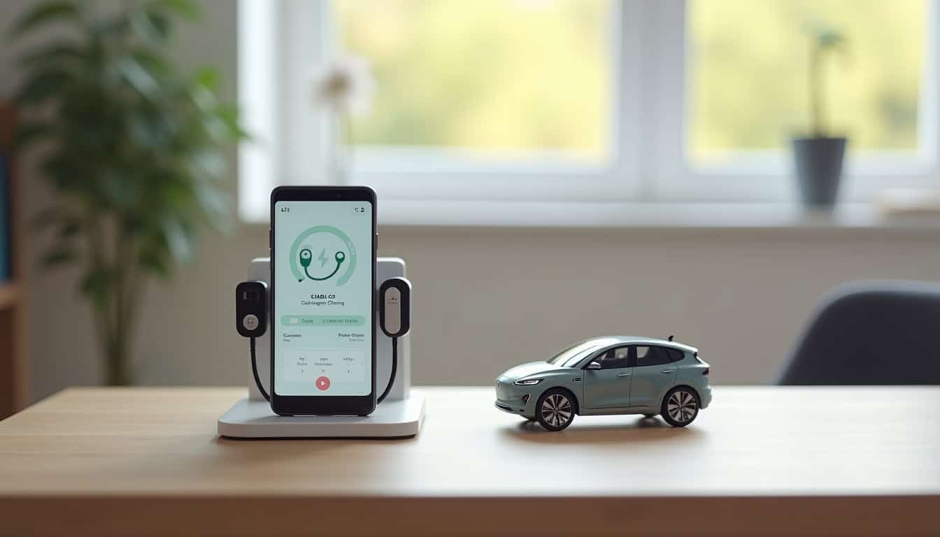 Utilisateur consultant l’application d’une borne de recharge connectée sur son smartphone
