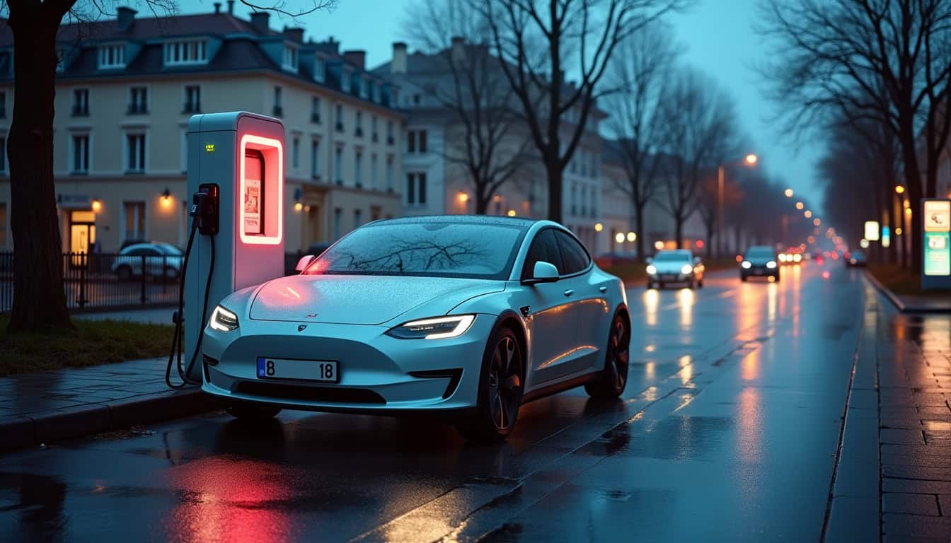 Utilisateur rechargeant sa voiture électrique sur une borne publique à Guipavas