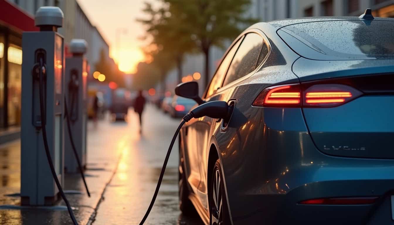 Utilisation d'une borne de recharge publique à Armentières, avec un véhicule en charge devant un supermarché