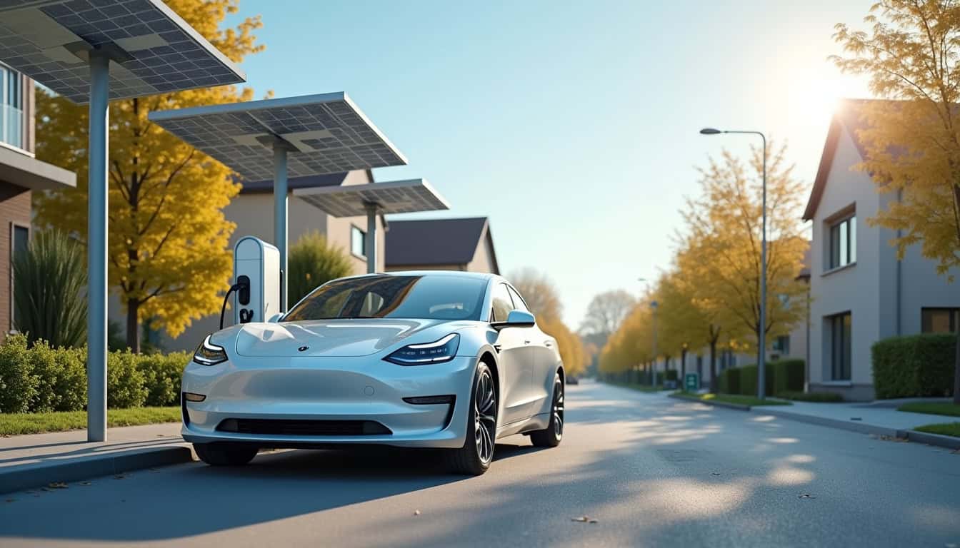 Véhicule électrique branché sur une borne solaire à L