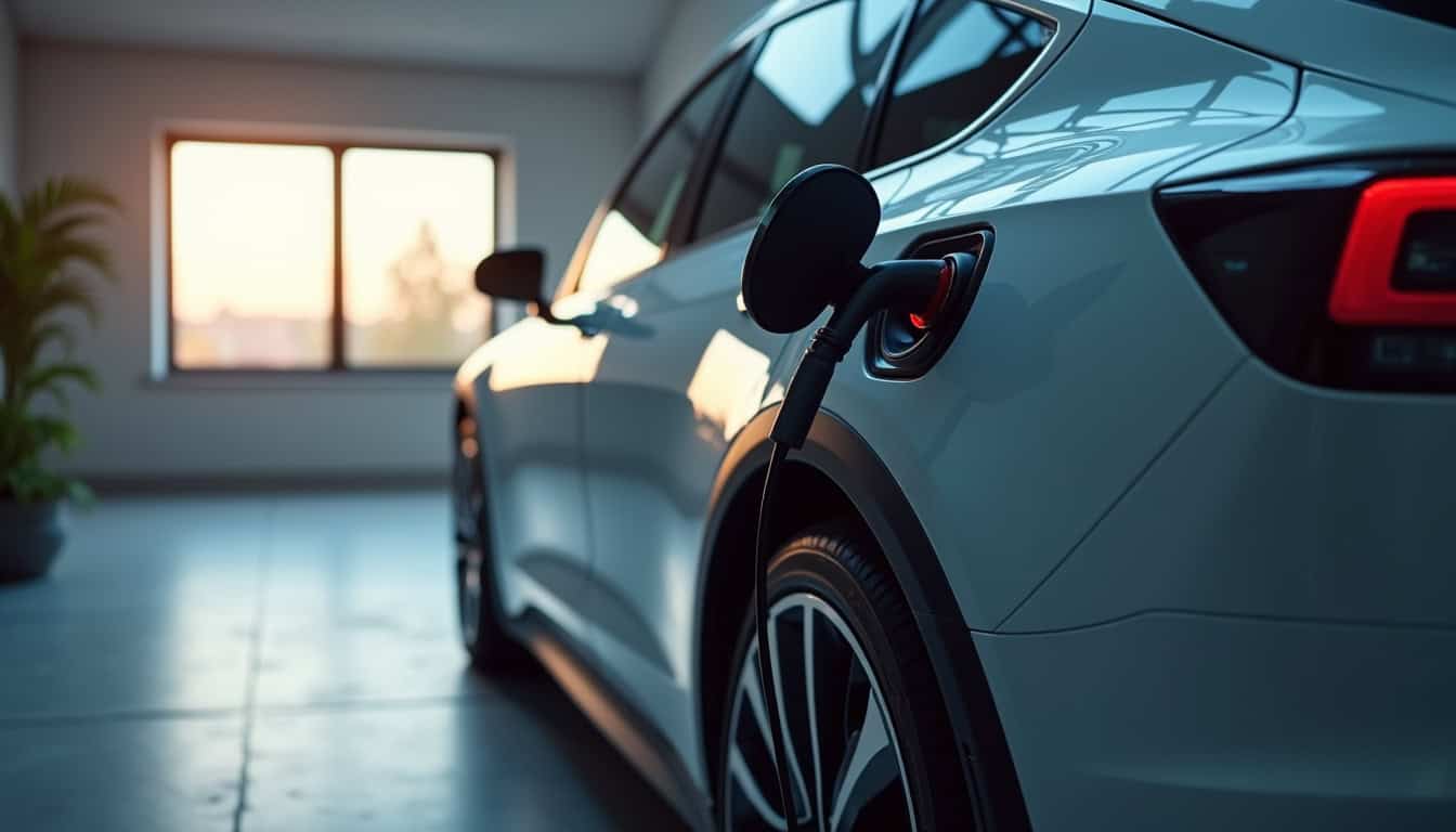 Véhicule électrique en charge dans un garage équipé d