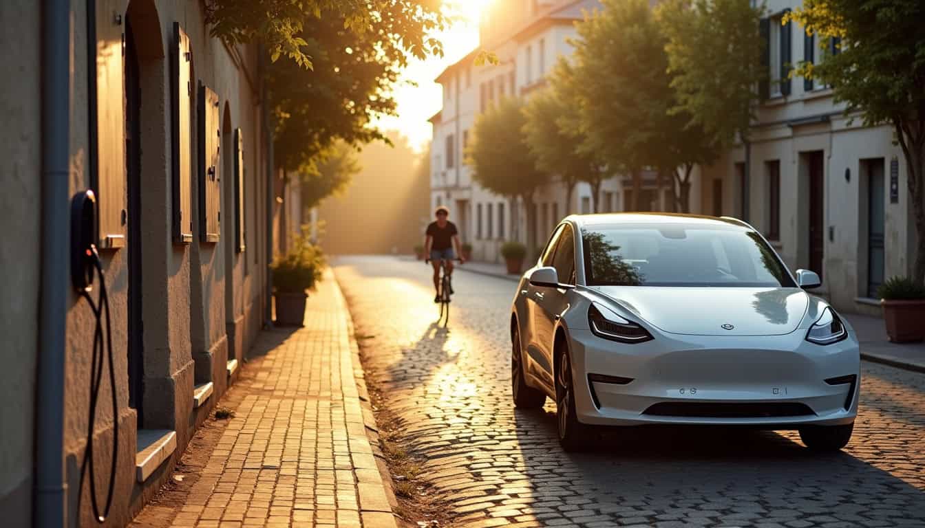 Véhicule électrique en charge dans une rue urbaine de Sainte-Bazeille