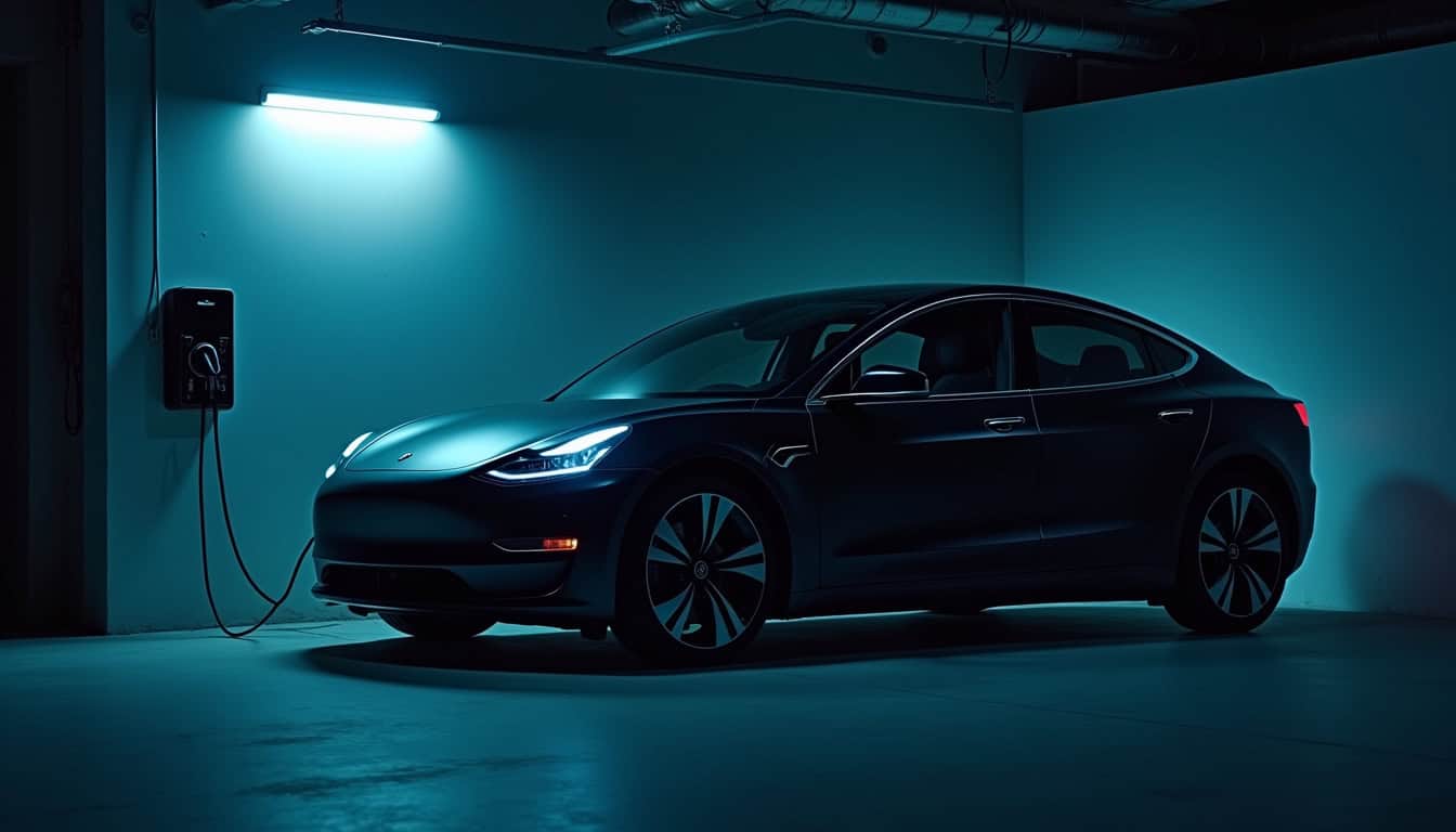 Véhicule électrique en charge la nuit dans un garage privé