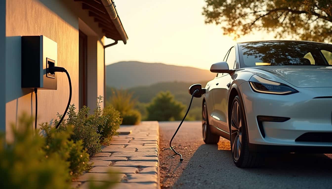 Véhicule électrique en recharge devant une maison à Riotord, avec une wallbox installée