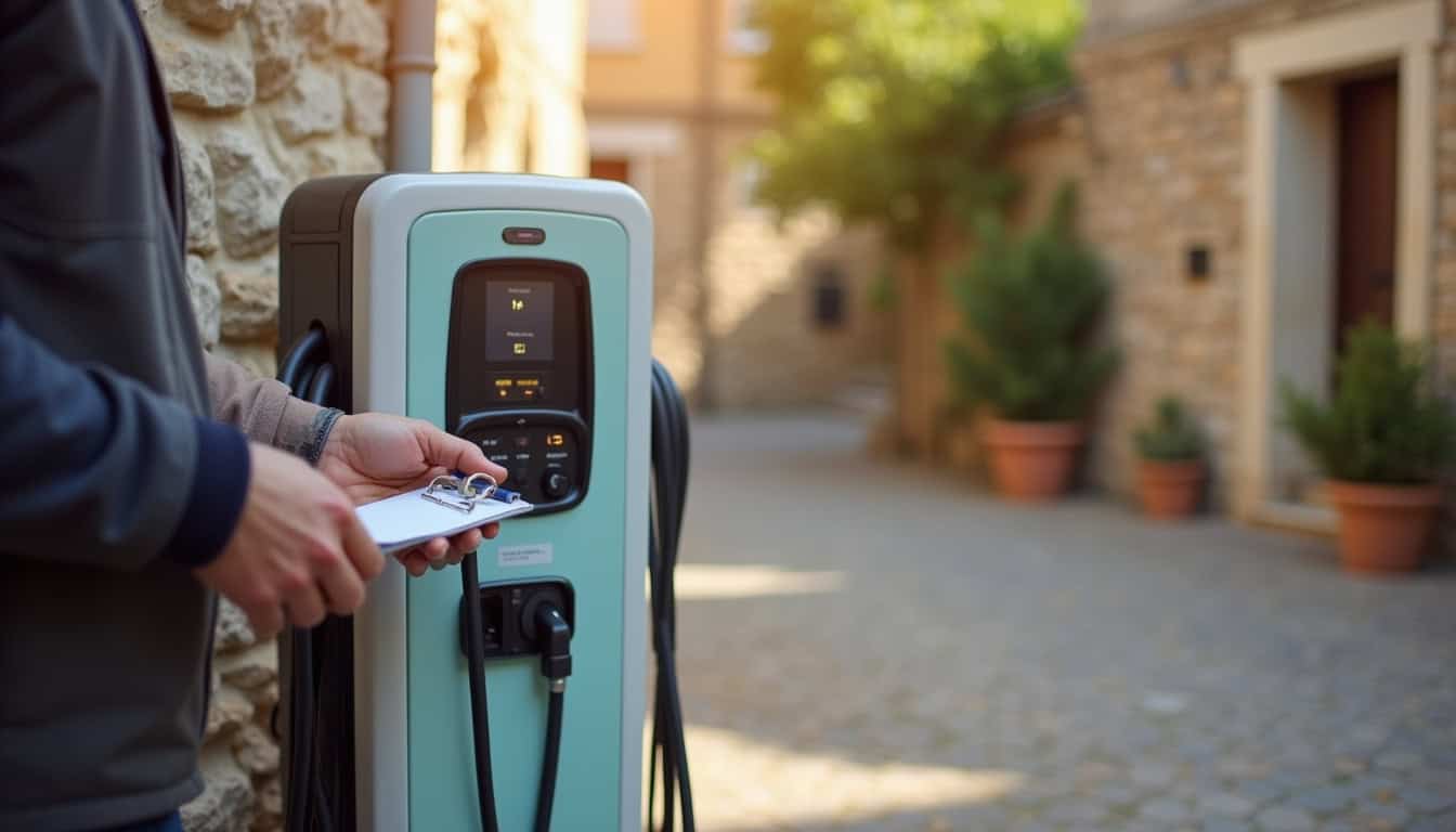 Vérification du bon fonctionnement d'une borne de recharge électrique lors d'une maintenance programmée à Saint-Félix-de-Lodez