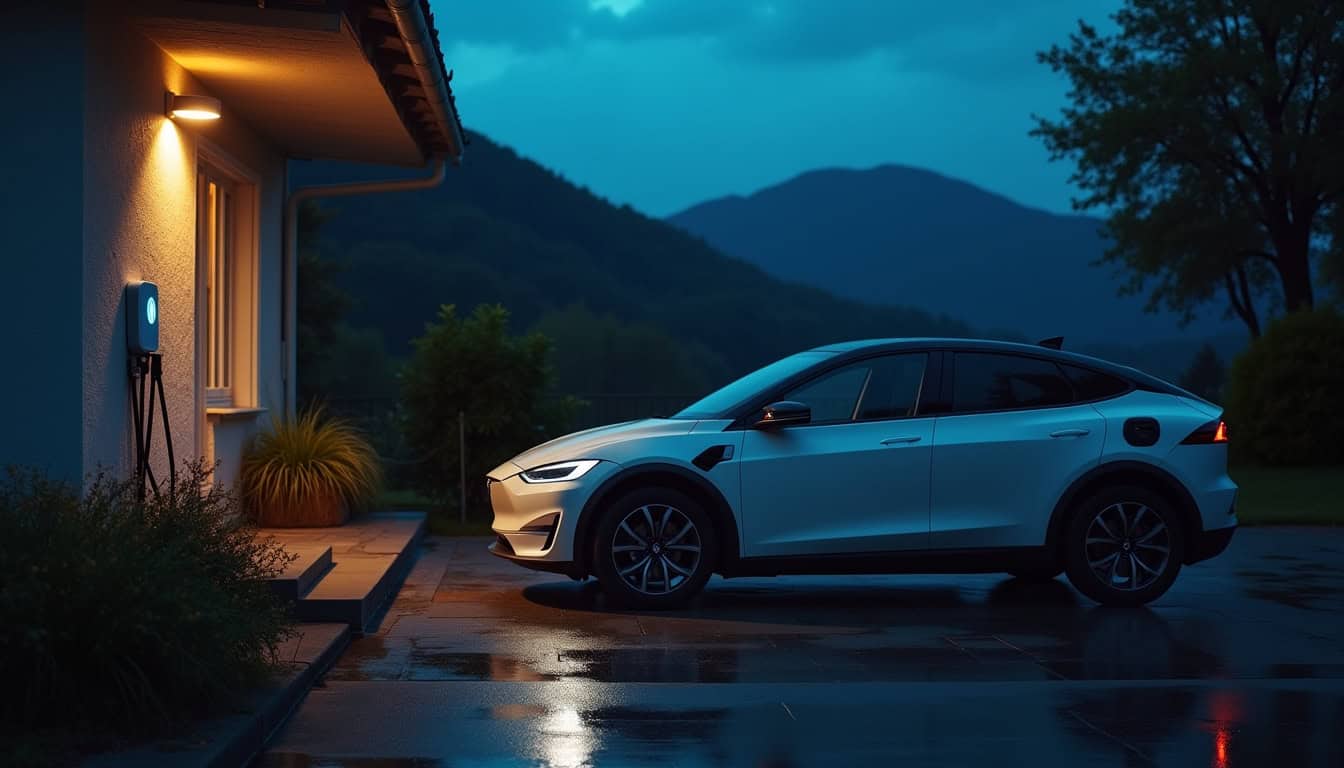 Voiture électrique en charge à domicile le soir à Saint-Cergues