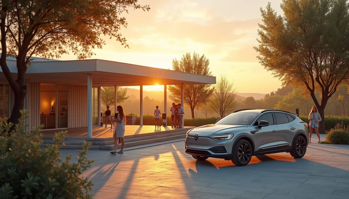 Voiture électrique en charge devant un pavillon à Rousies en fin de journée