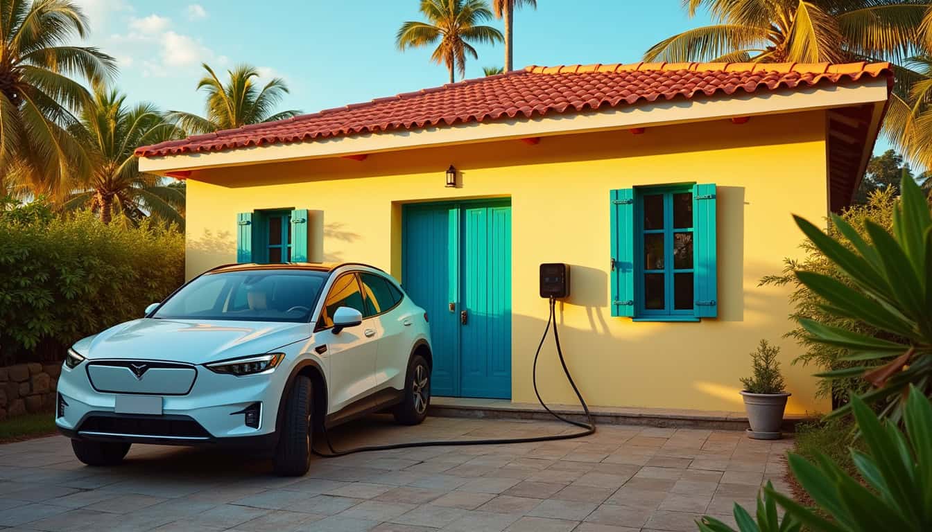 Voiture électrique en charge devant une maison à Dembeni, Mayotte