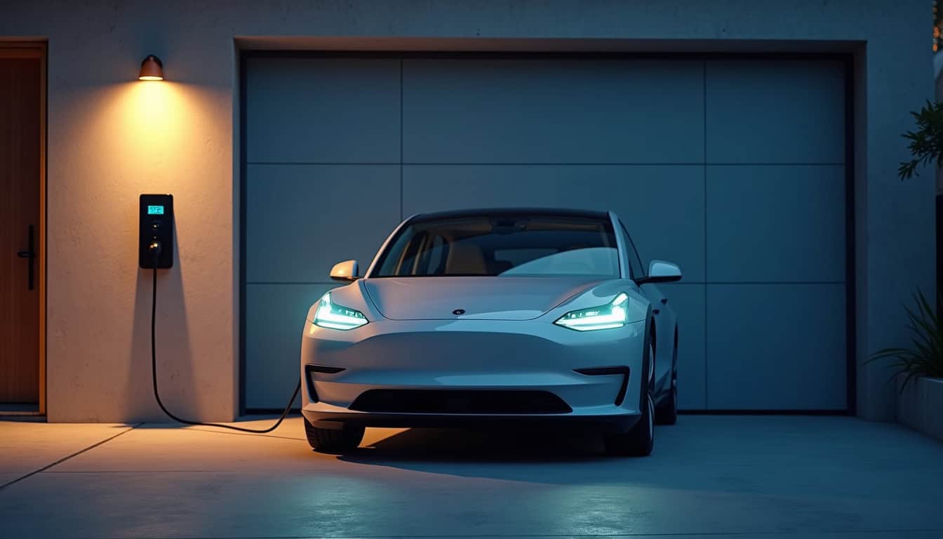 Voiture électrique en charge pendant la nuit dans un garage privé à Roaillan