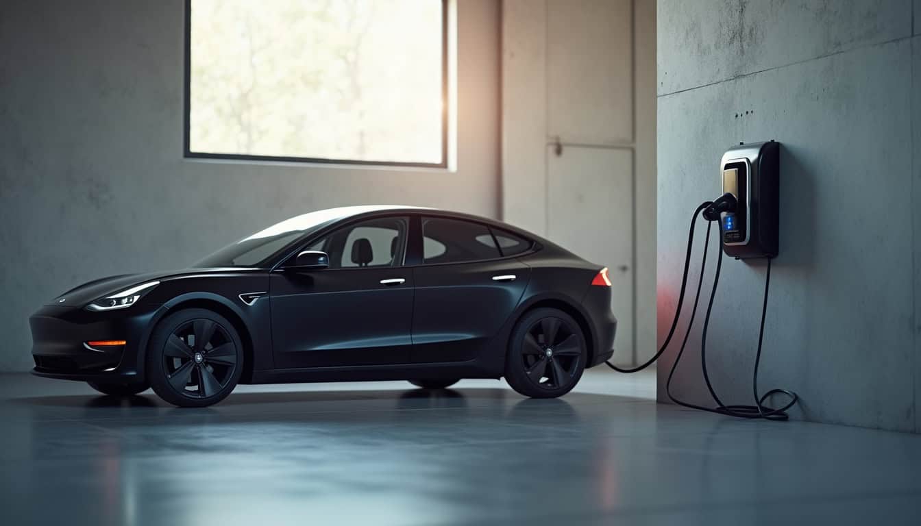 Voiture électrique en charge sur une borne de recharge murale dans un garage