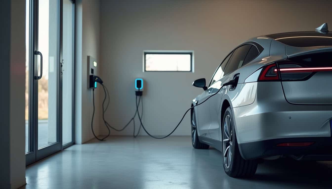 Voiture électrique en charge sur une borne murale installée dans un garage privé à Onesse-Laharie