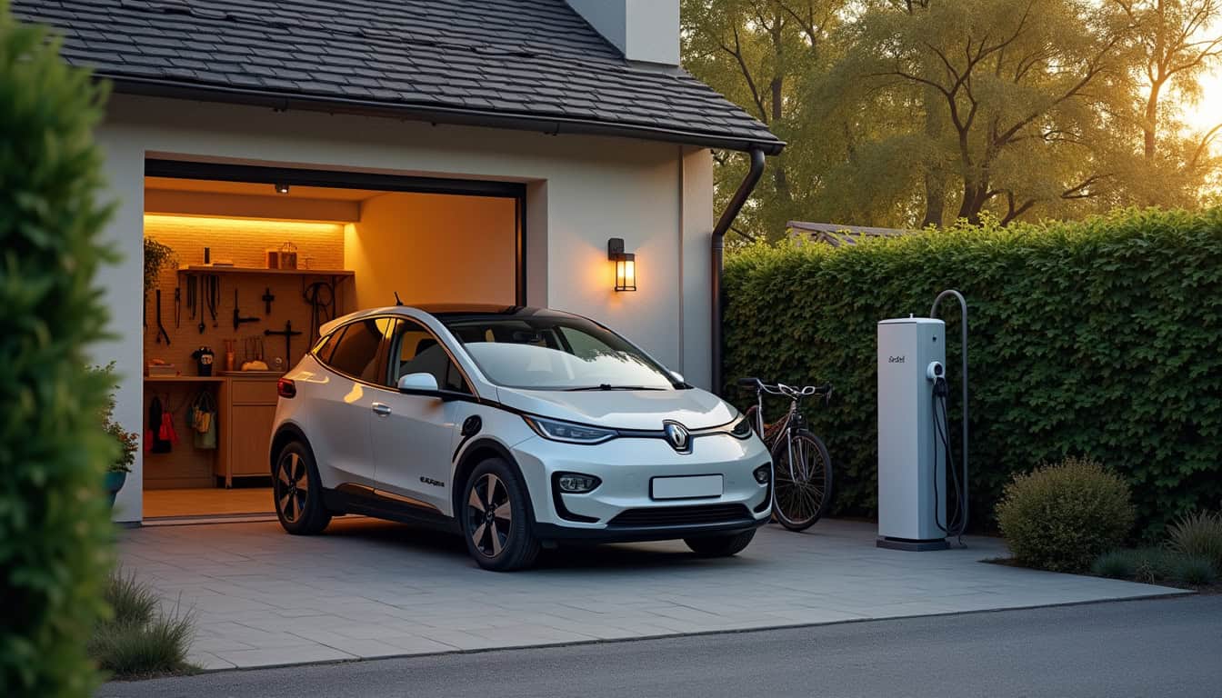 Voiture électrique en charge sur une borne murale installée devant un garage à Villeneuve-les-Sablons