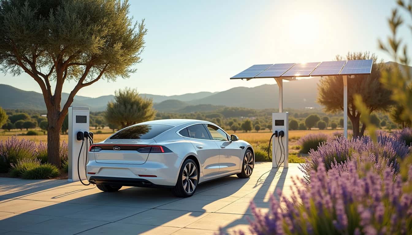 Voiture électrique en charge via une borne alimentée par des panneaux solaires à Seillans