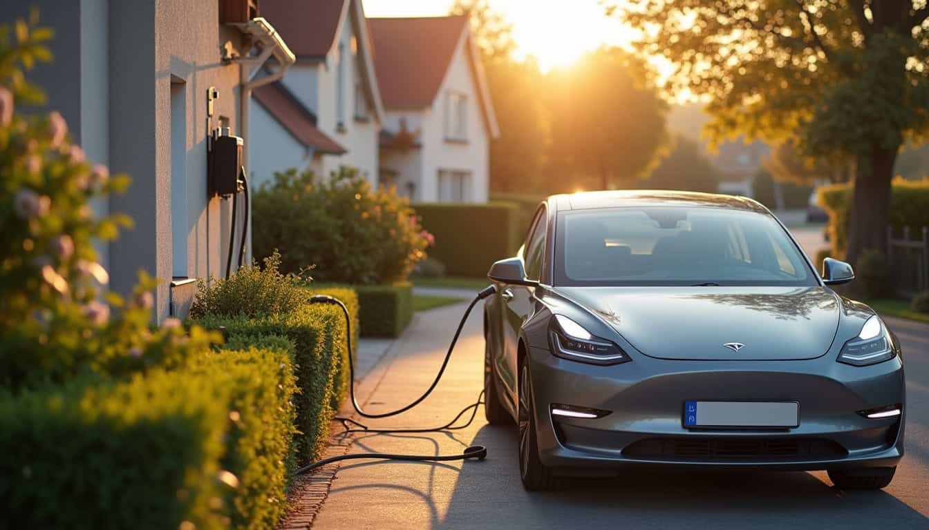 Voiture électrique en cours de recharge devant un pavillon à Saint-Omer
