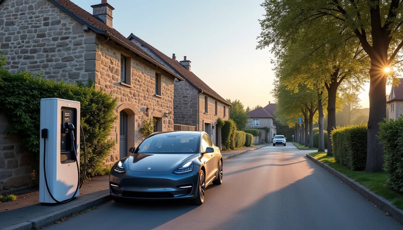 Voiture électrique en cours de recharge sur une borne installée à Neufchâtel-en-Saosnois