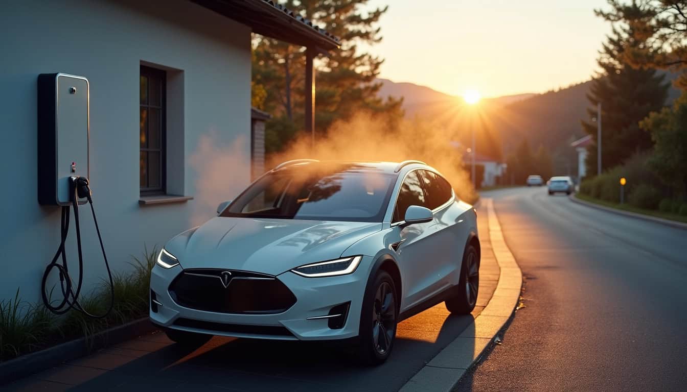 Voiture électrique en cours de recharge sur une borne murale à Saint-Mathieu