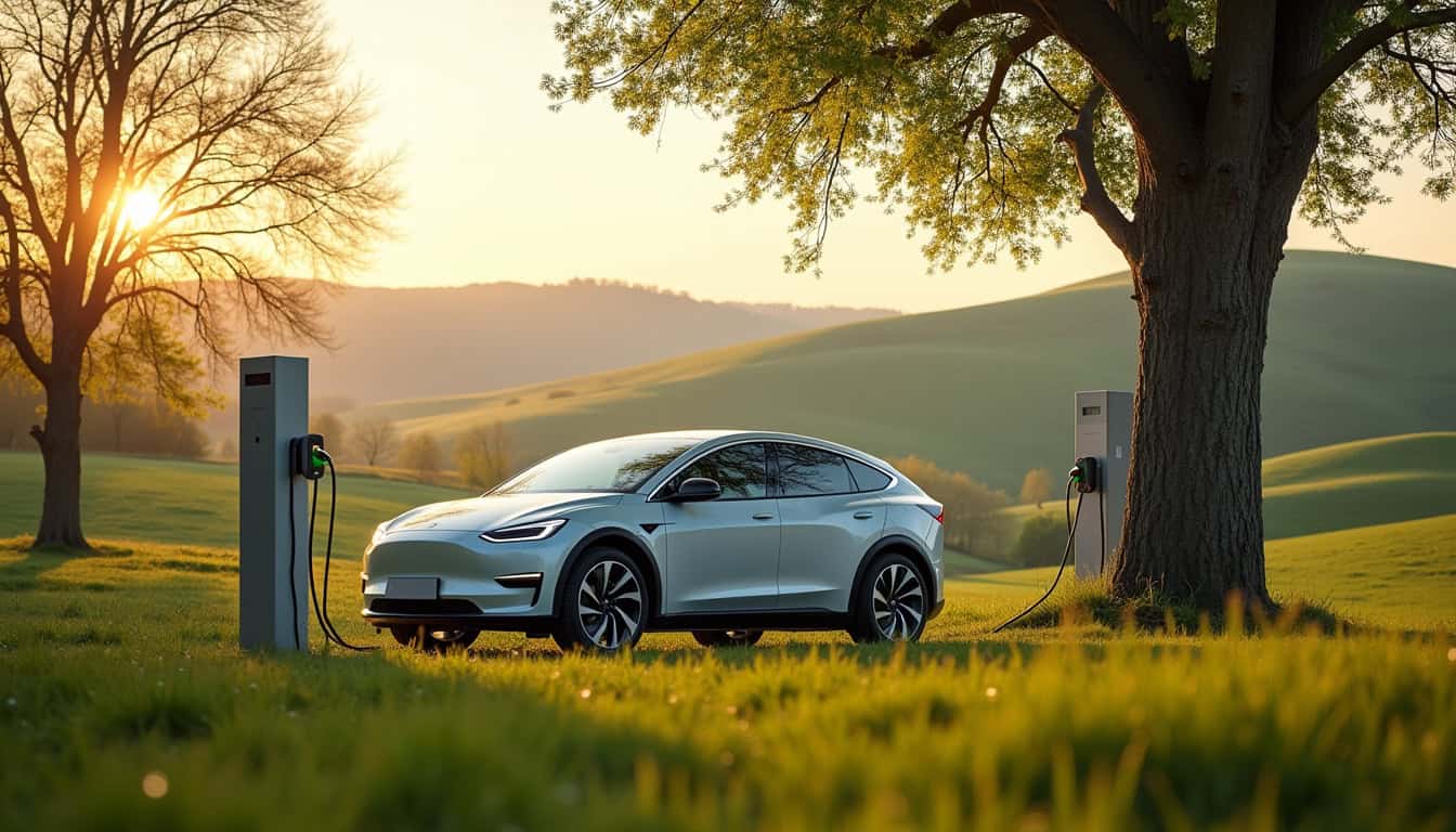 Voiture électrique en train de charger dans un cadre rural proche de Samatan