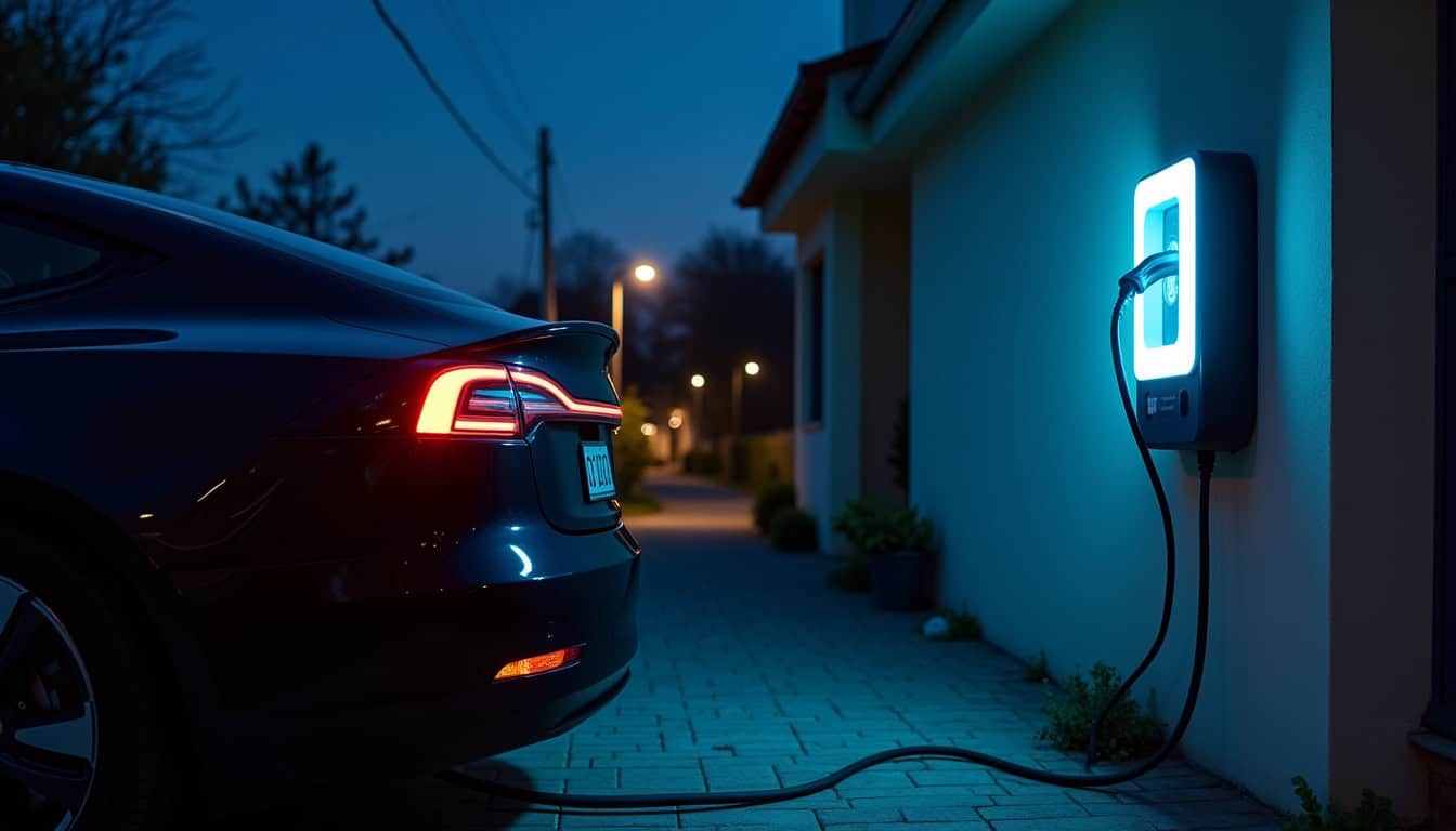 Voiture électrique en train de charger la nuit sur une borne installée à domicile à Volmerange-les-Mines