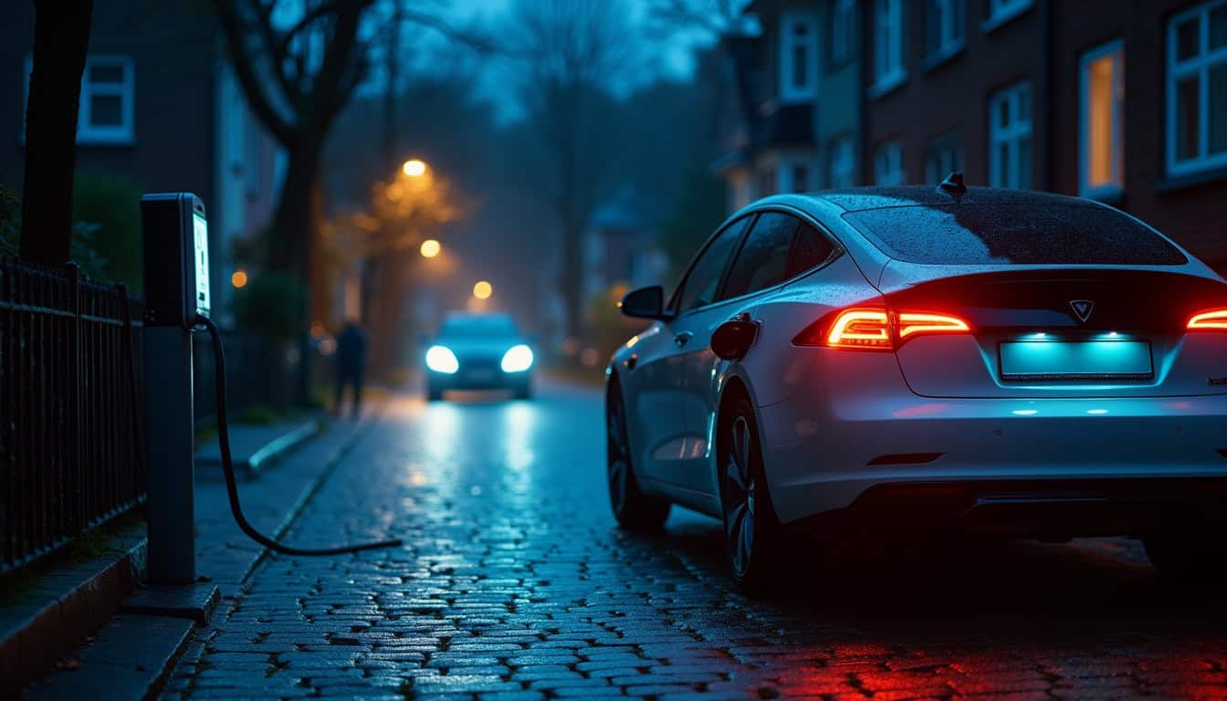 Voiture électrique en train de se recharger la nuit dans une rue résidentielle