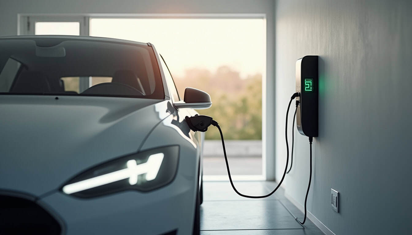 Voiture électrique en train de se recharger via une borne murale