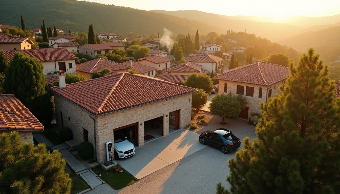 Vue aérienne de la commune de Larajasse avec une borne de recharge électrique installée dans un garage