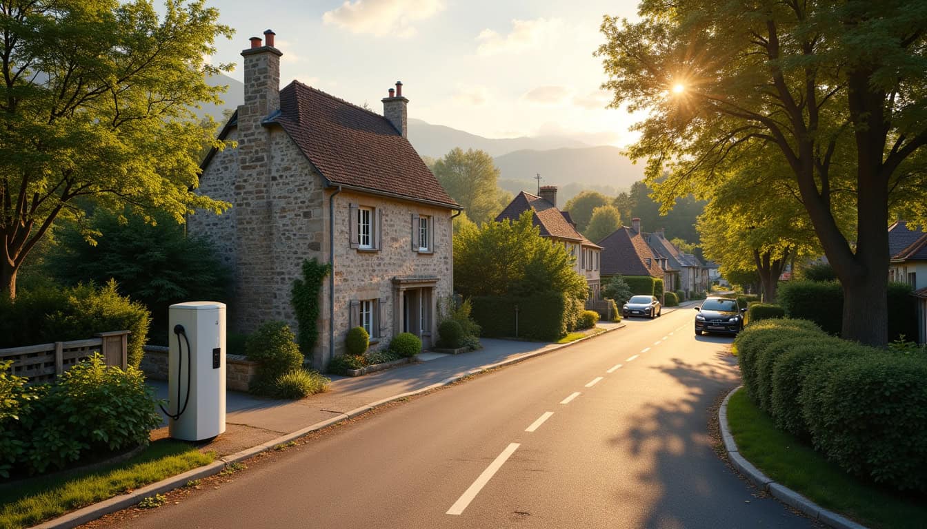 Vue aérienne de Pédernec avec une borne de recharge électrique installée près d