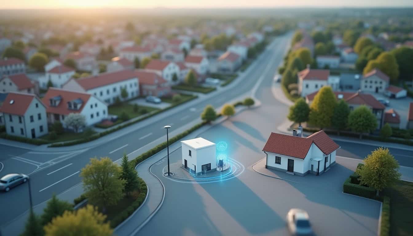 Vue aérienne de Rabastens avec localisation des bornes publiques et d'une installation domestique
