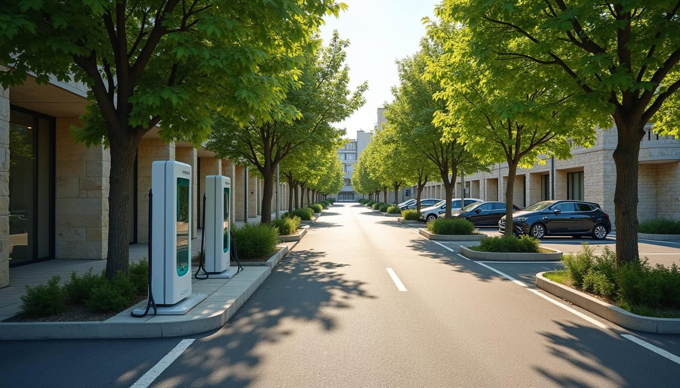 Vue aérienne d'une rue de Giroussens avec une borne de recharge publique sur un parking communal