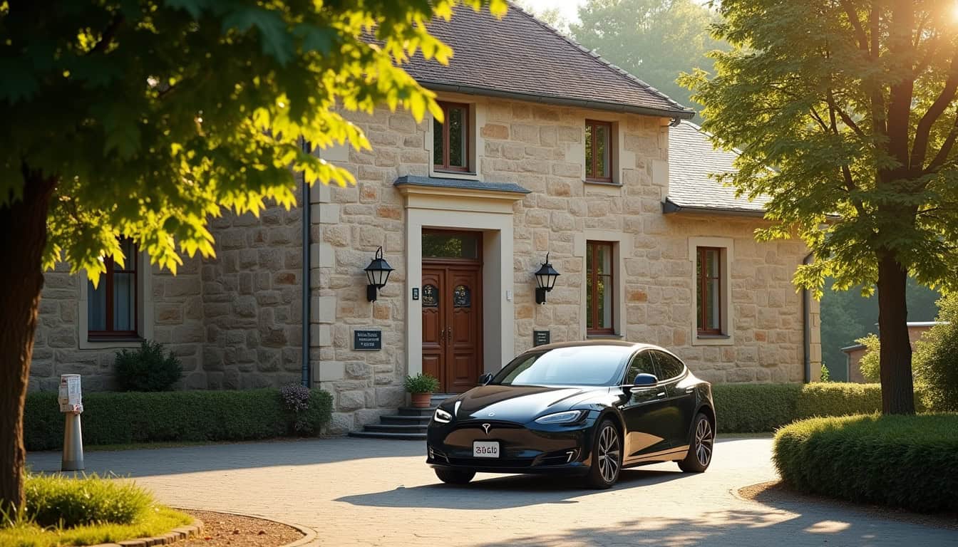 Vue de la mairie de Saint-Gérand-Croixanvec avec un véhicule électrique en stationnement