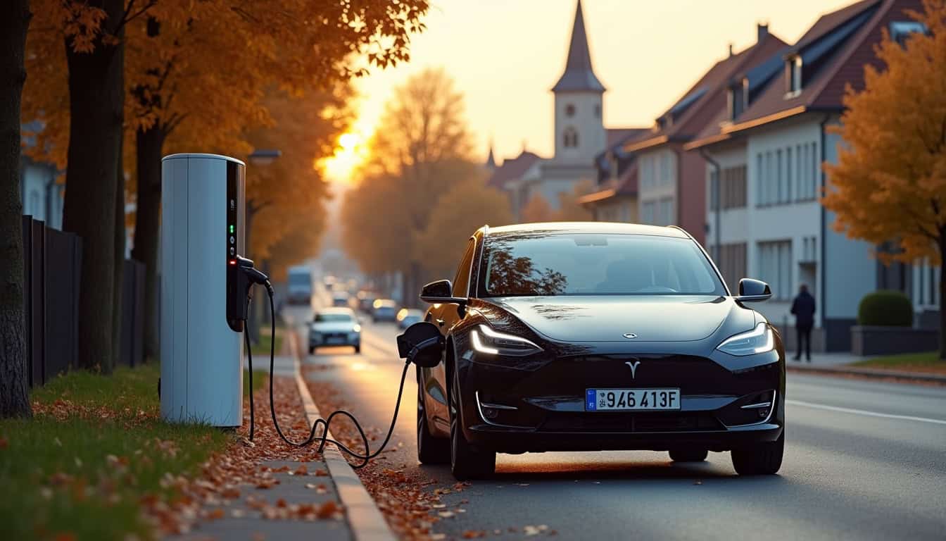 Vue de la ville de Pfastatt avec un véhicule électrique en charge
