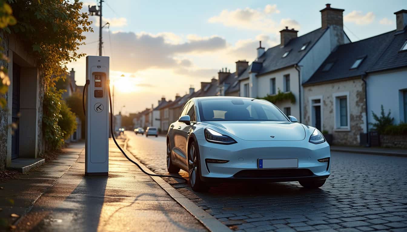 Vue de rue à Bohars avec une voiture électrique en charge sur une borne publique