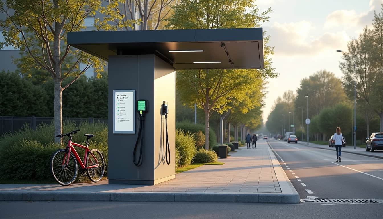 Vue d'ensemble du marché des bornes électriques à Péronne-en-Mélantois avec panneaux d'information sur les services disponibles